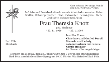 Traueranzeige von Theresia Knott von MERKUR & TZ