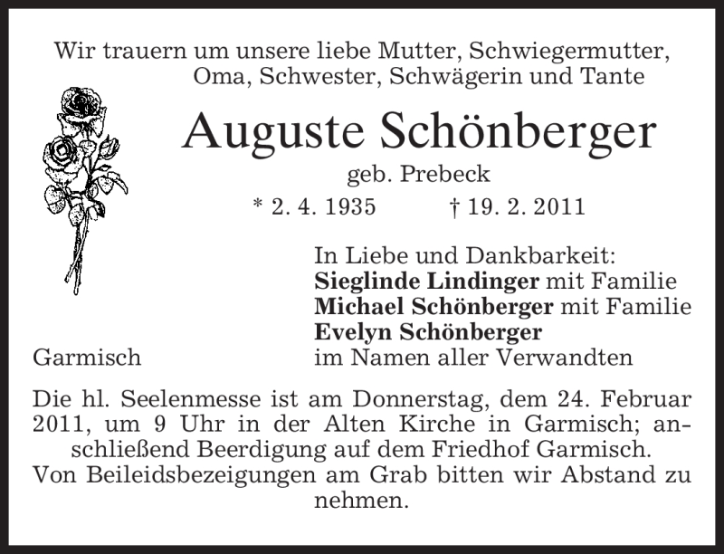  Traueranzeige für Auguste Schönberger vom 22.02.2011 aus MERKUR & TZ