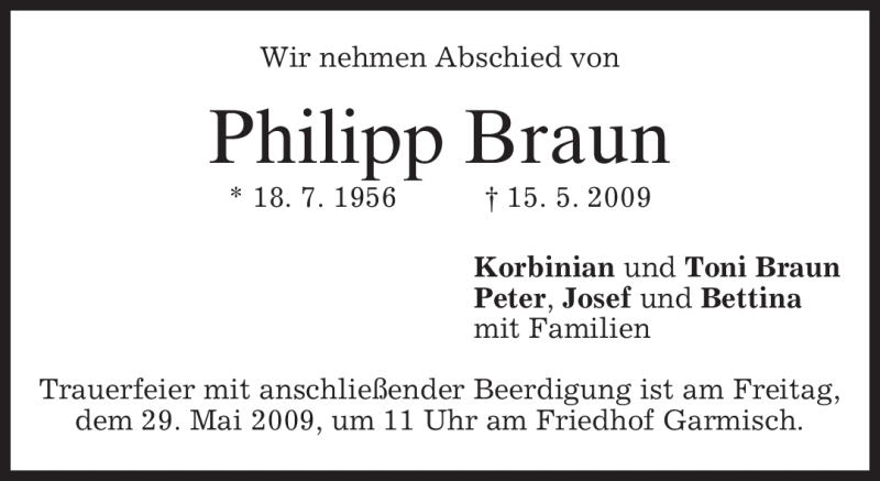  Traueranzeige für Philipp Braun vom 27.05.2009 aus MERKUR & TZ