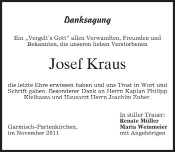 Traueranzeige von Josef Kraus von MERKUR & TZ