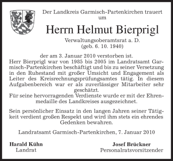 Traueranzeige von Helmut Bierprigl von MERKUR & TZ