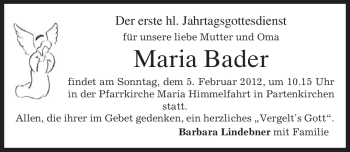 Traueranzeige von Maria Bader von MERKUR & TZ