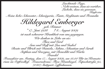 Traueranzeige von Hildegard Emberger von MERKUR & TZ