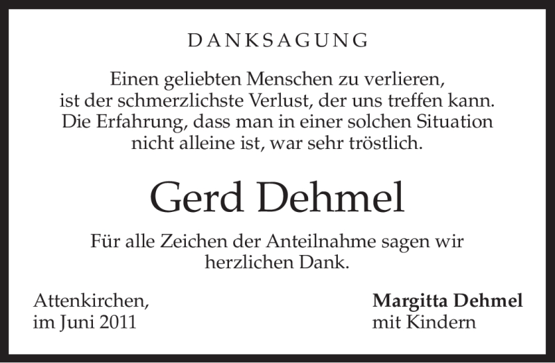  Traueranzeige für Gerd Dehmel vom 18.06.2011 aus MERKUR & TZ