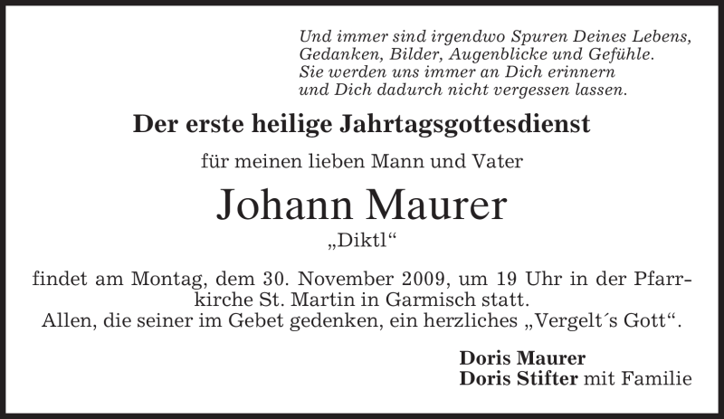  Traueranzeige für Johann Maurer vom 28.11.2009 aus MERKUR & TZ