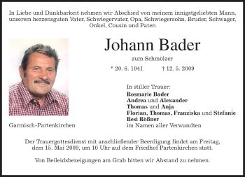 Traueranzeige von Johann Bader von MERKUR & TZ