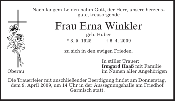 Traueranzeige von Erna Winkler von MERKUR & TZ