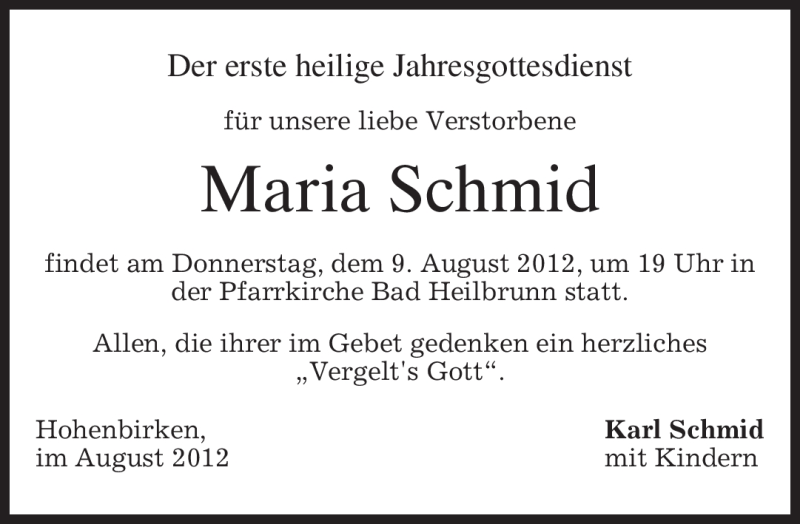  Traueranzeige für Maria Schmid vom 07.08.2012 aus MERKUR & TZ