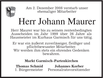 Traueranzeige von Johann Maurer von MERKUR & TZ
