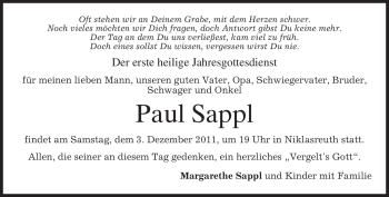 Traueranzeige von Paul Sappl von MERKUR & TZ