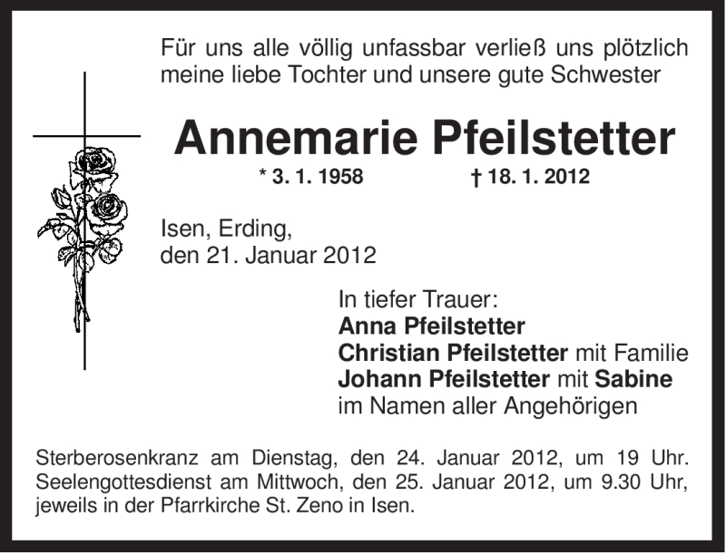  Traueranzeige für Annemarie Pfeilstetter vom 21.01.2012 aus MERKUR & TZ