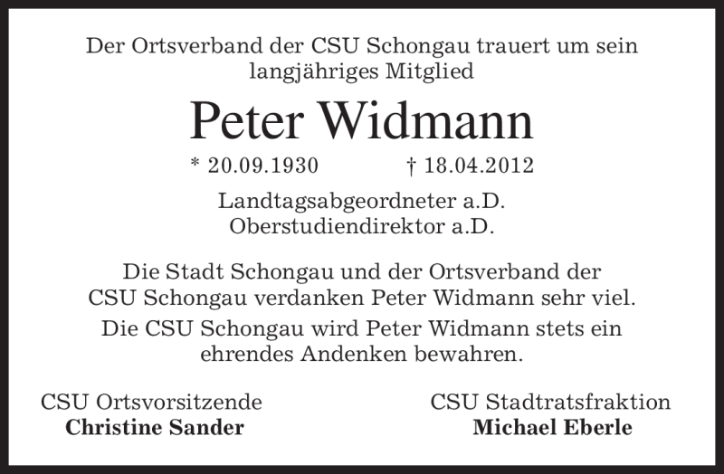 Traueranzeige für Peter Widmann vom 20.04.2012 aus MERKUR & TZ