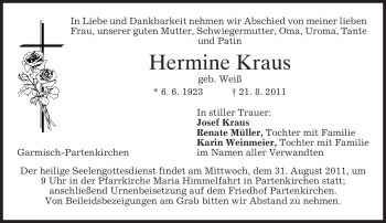 Traueranzeige von Hermine Kraus von MERKUR & TZ