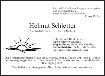 Traueranzeige von Helmut Schletter von MERKUR & TZ