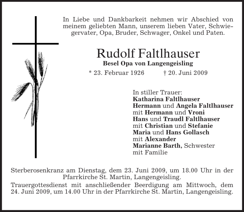  Traueranzeige für Rudolf Faltlhauser vom 22.06.2009 aus MERKUR & TZ