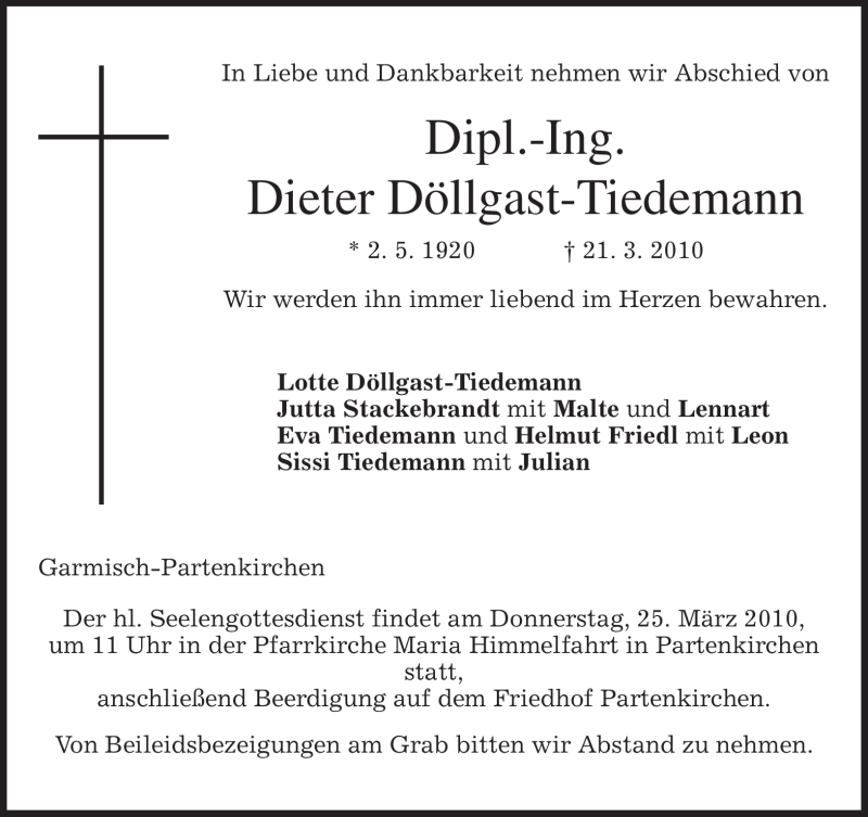  Traueranzeige für Dieter Döllgast-Tiedemann vom 23.03.2010 aus MERKUR & TZ