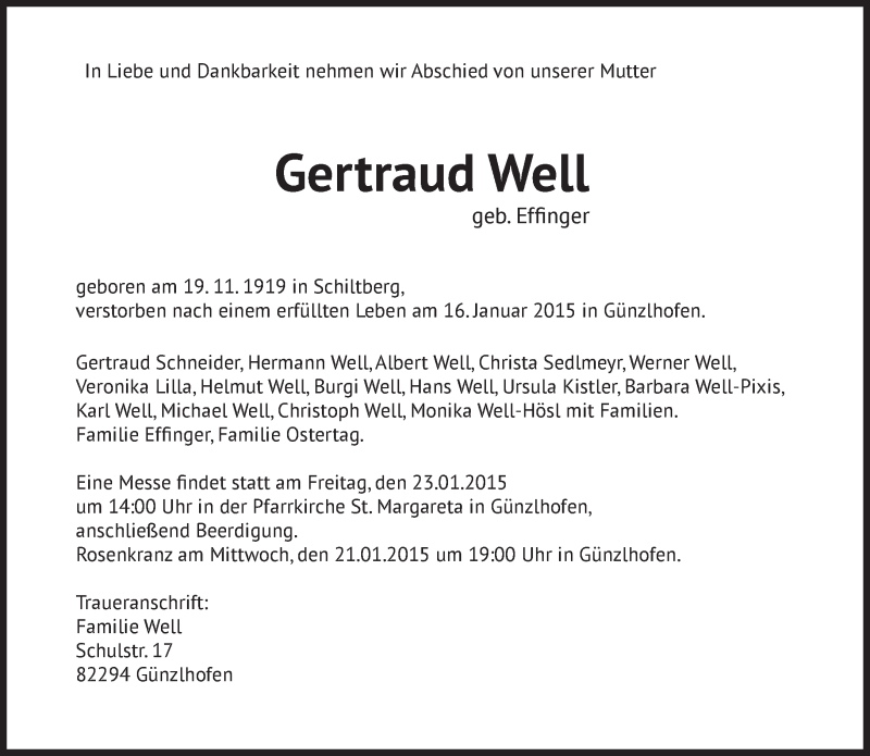  Traueranzeige für Gertraud Well vom 20.01.2015 aus merkurtz