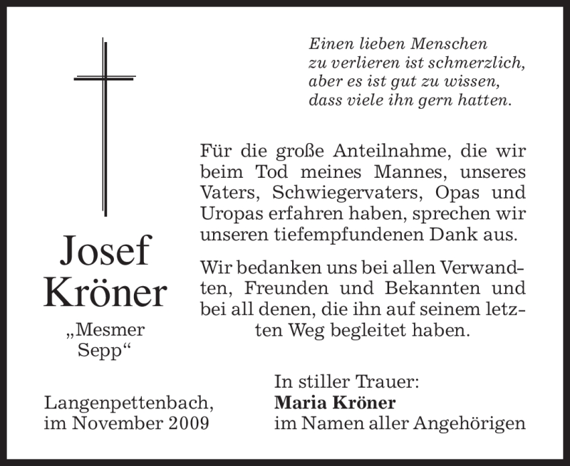  Traueranzeige für Josef Kröner vom 07.11.2009 aus MERKUR & TZ