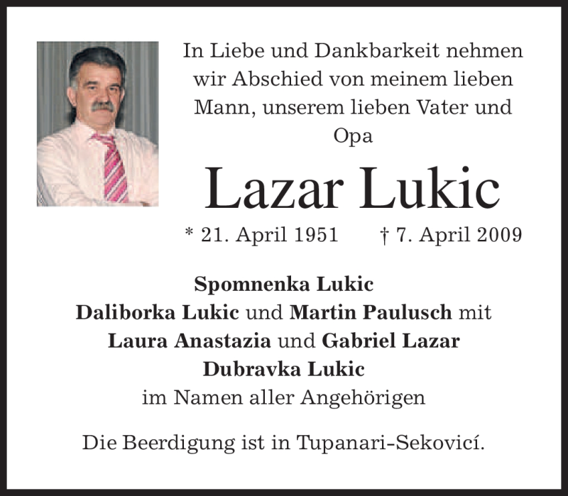 Traueranzeigen von Lazar Lukic trauer.merkur.de