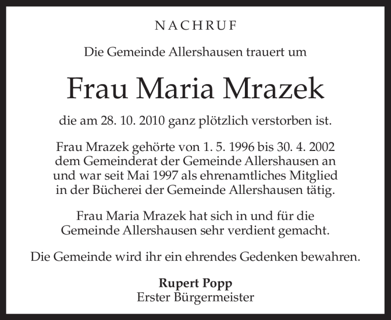  Traueranzeige für Maria Mrazek vom 03.11.2010 aus MERKUR & TZ