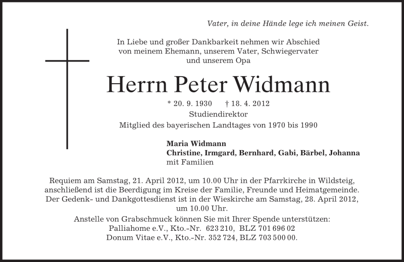  Traueranzeige für Peter Widmann vom 19.04.2012 aus MERKUR & TZ