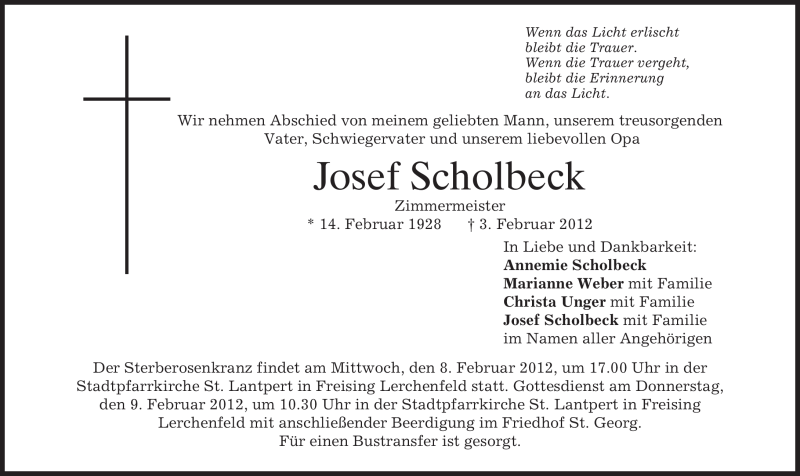  Traueranzeige für Josef Scholbeck vom 07.02.2012 aus MERKUR & TZ