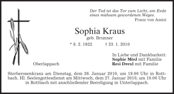 Traueranzeige von Sophia Kraus von MERKUR & TZ