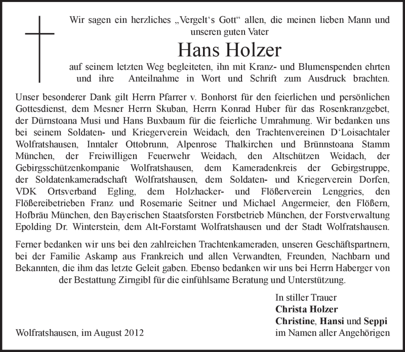  Traueranzeige für Hans Holzer vom 11.08.2012 aus MERKUR & TZ