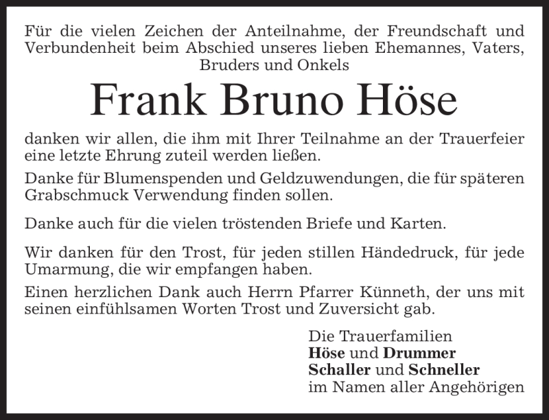  Traueranzeige für Frank Bruno Höse vom 21.02.2009 aus MERKUR & TZ