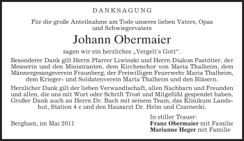 Traueranzeige von Johann Obermaier von MERKUR & TZ