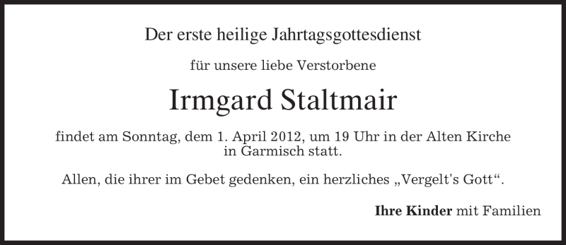  Traueranzeige für Irmgard Staltmair vom 24.03.2012 aus MERKUR & TZ