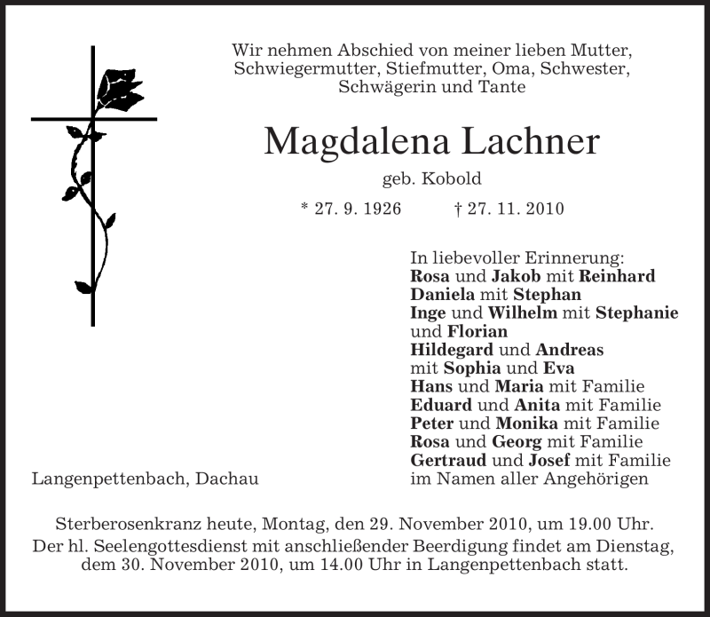  Traueranzeige für Magdalena Lachner vom 29.11.2010 aus MERKUR & TZ
