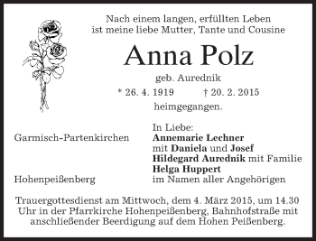 Traueranzeige von Anna Polz von merkurtz
