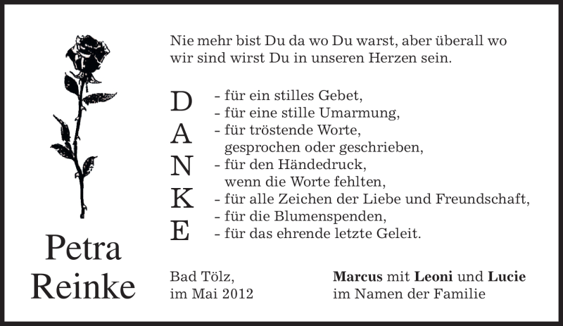  Traueranzeige für Petra Reinke vom 26.05.2012 aus MERKUR & TZ