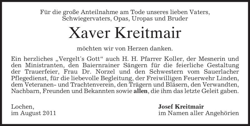 Traueranzeigen von Xaver Kreitmair | trauer.merkur.de