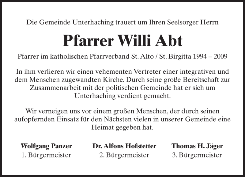  Traueranzeige für Willi Abt vom 21.11.2009 aus MERKUR & TZ