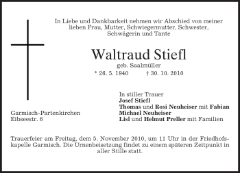 Traueranzeige von Waltraud Stiefl von MERKUR & TZ