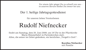 Traueranzeige von Rudolf Niefnecker von MERKUR & TZ