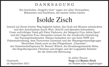 Traueranzeige von Isolde Zisch von MERKUR & TZ