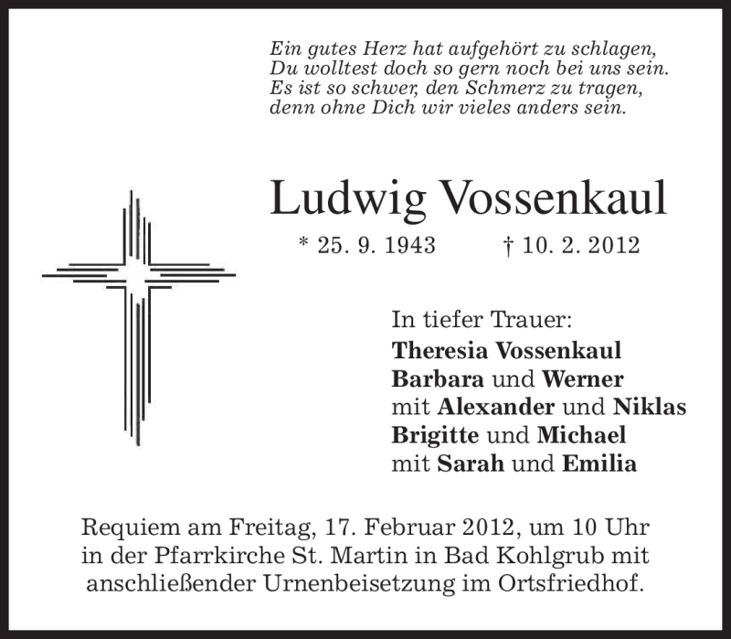  Traueranzeige für Ludwig Vossenkaul vom 14.02.2012 aus MERKUR & TZ