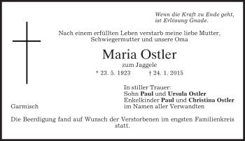 Traueranzeige von Maria Ostler von merkurtz