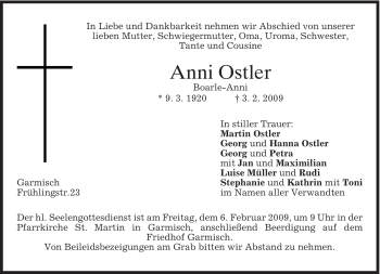 Traueranzeige von Anni Ostler von MERKUR & TZ