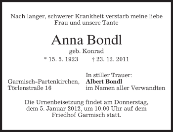 Traueranzeige von Anna Bondl von MERKUR & TZ