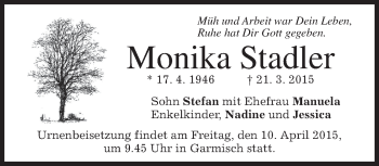 Traueranzeige von Monika Stadler von merkurtz