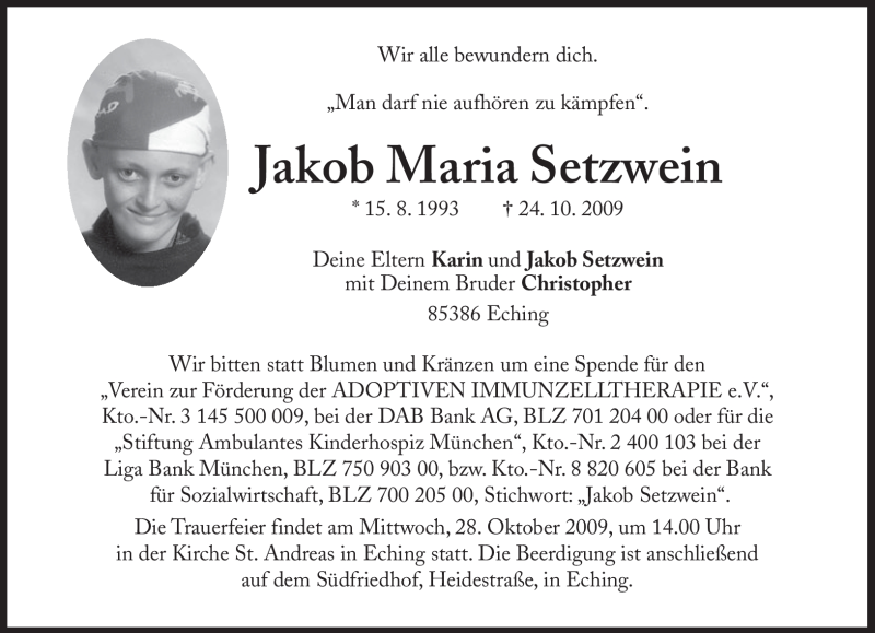  Traueranzeige für Jakob Maria Setzwein vom 27.10.2009 aus MERKUR & TZ