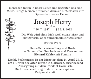 Traueranzeige von Joseph Herry von MERKUR & TZ