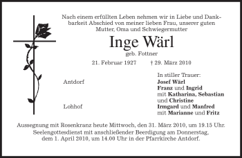 Traueranzeige von Inge Wärl von MERKUR & TZ