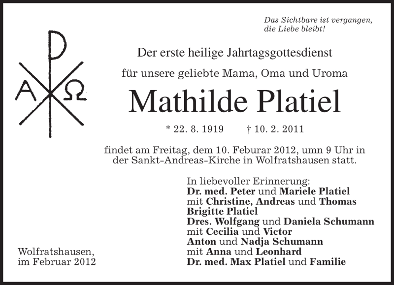  Traueranzeige für Mathilde Platiel vom 04.02.2012 aus MERKUR & TZ