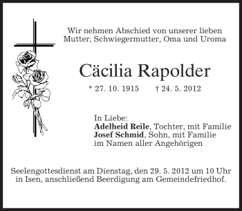 Traueranzeige von Cäcilia Rapolder von MERKUR & TZ