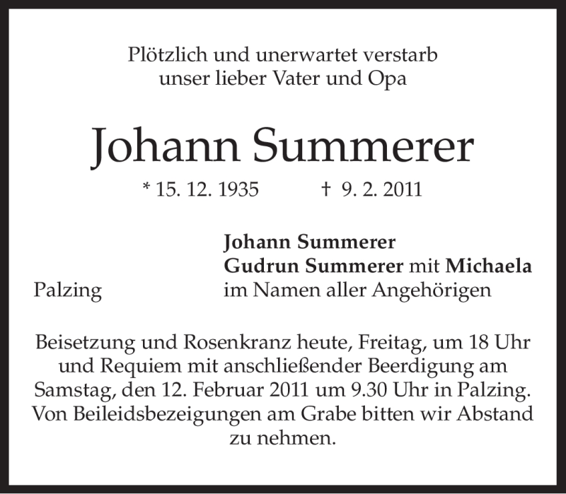  Traueranzeige für Johann Summerer vom 11.02.2011 aus MERKUR & TZ